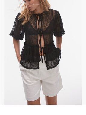 Nordstrom TOP SHOP Black Sheer Lace Tie-Front Blouse